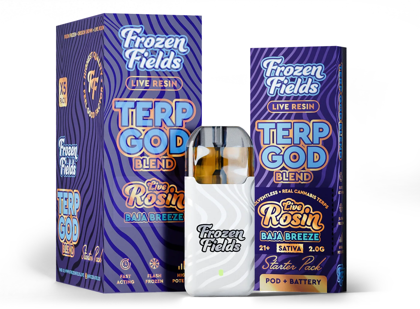 Terp God Blend starter pack box with white Frozen Fields pod battery